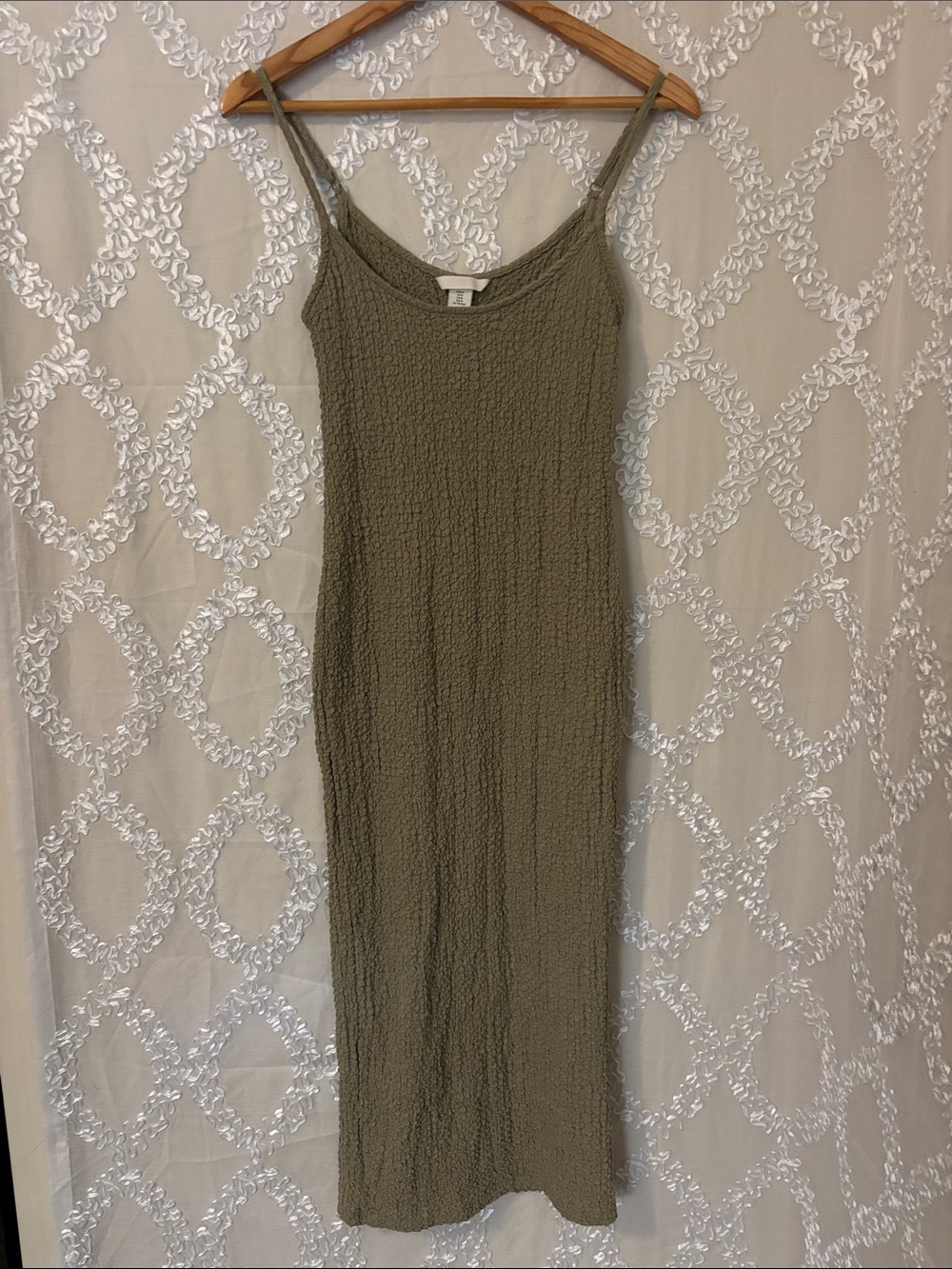 H&M Olive Green Textured Midi Slip Dress